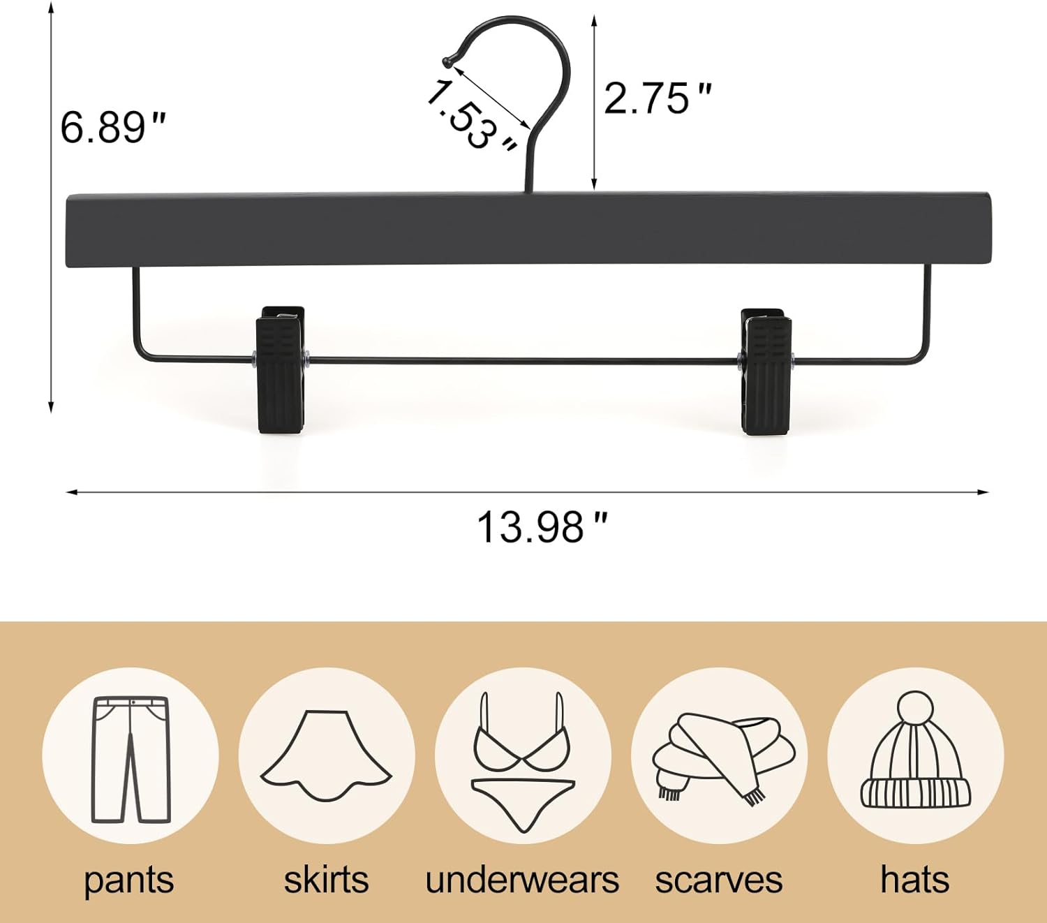 TOPIA HANGER Wooden Pants Hangers 10 Pack, Black Skirt Hangers with Clips and Rotatable Hook, Durable Natural Rubber Wood Organizer for Skirts, Pants, Jeans, Shorts - CTS02B