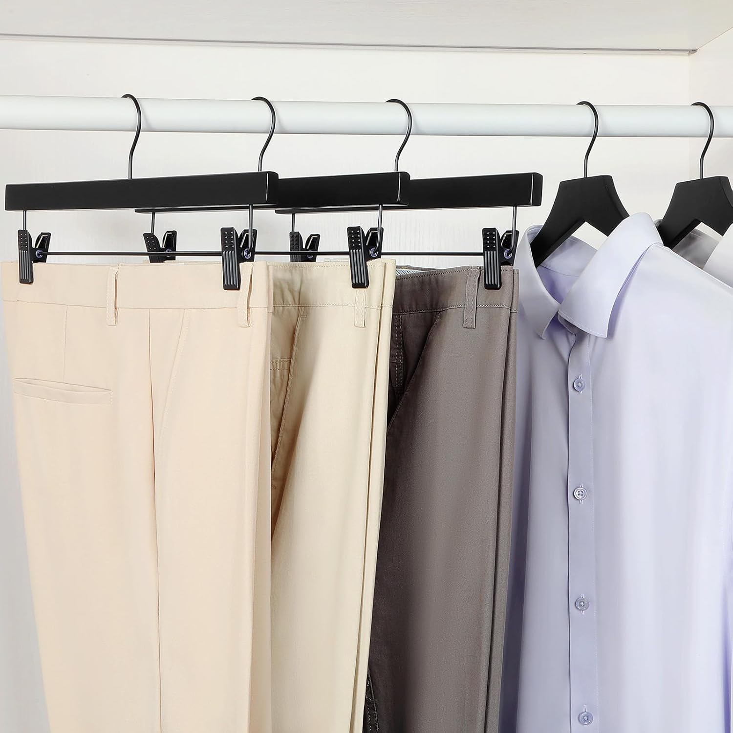 TOPIA HANGER Wooden Pants Hangers 10 Pack, Black Skirt Hangers with Clips and Rotatable Hook, Durable Natural Rubber Wood Organizer for Skirts, Pants, Jeans, Shorts - CTS02B