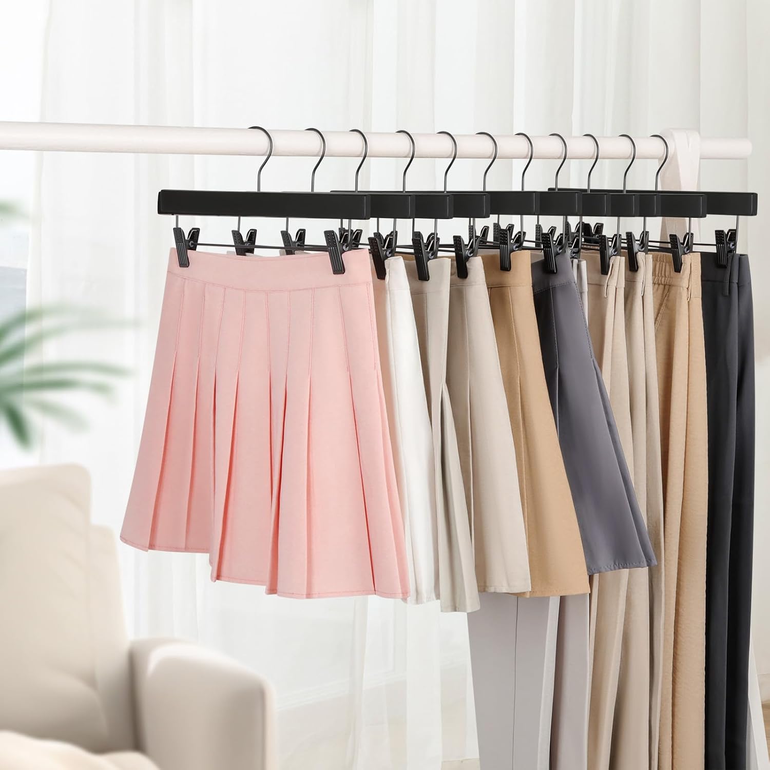 TOPIA HANGER Wooden Pants Hangers 10 Pack, Black Skirt Hangers with Clips and Rotatable Hook, Durable Natural Rubber Wood Organizer for Skirts, Pants, Jeans, Shorts - CTS02B