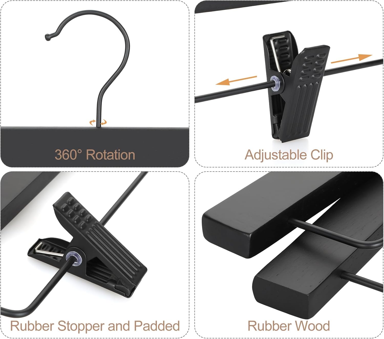 TOPIA HANGER Wooden Pants Hangers 10 Pack, Black Skirt Hangers with Clips and Rotatable Hook, Durable Natural Rubber Wood Organizer for Skirts, Pants, Jeans, Shorts - CTS02B