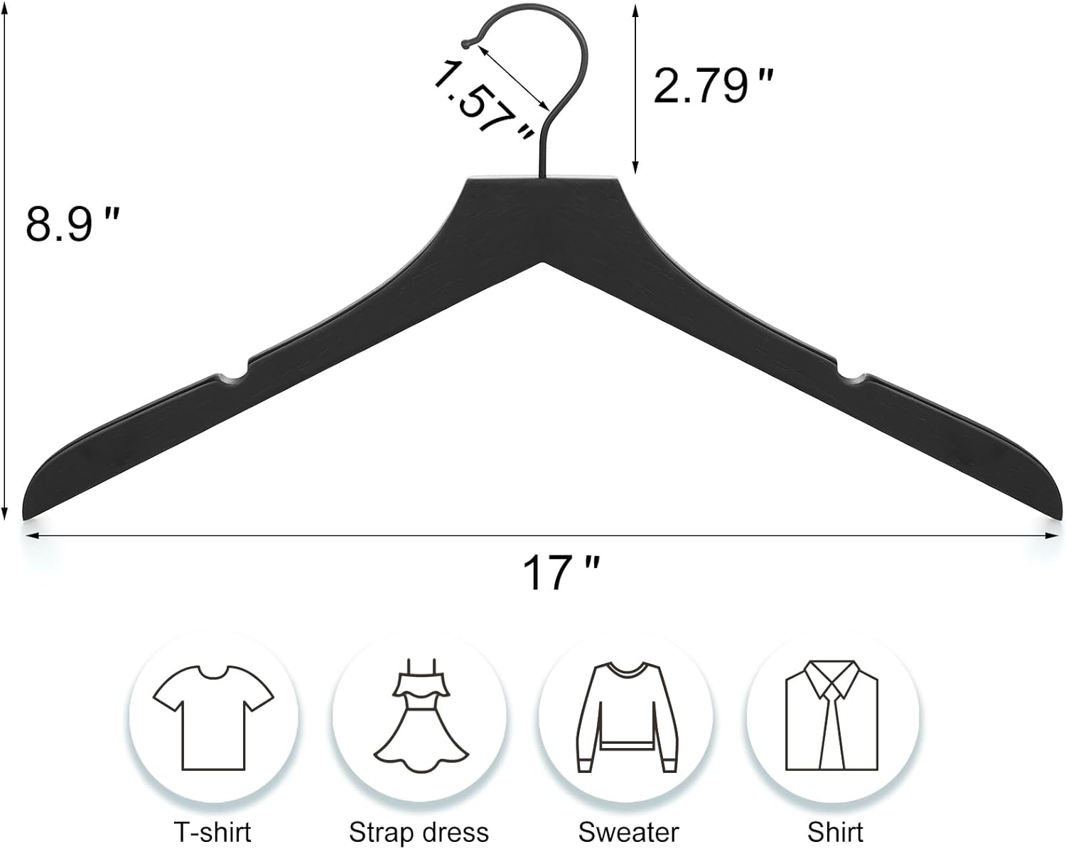 TOPIA HANGER Wooden Hangers 20 Pack, Rubber Wood Clothes Hangers with Rotatable Black Hook and Smooth Cut Nothces, Durable Hanger for Coats, Suits, Jackets, Sweaters, Dresses, Black - CTS07B