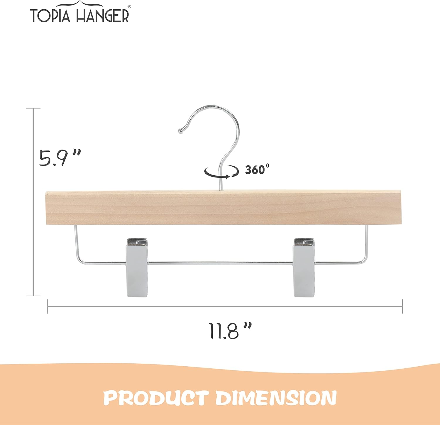 TOPIA HANGER 11.8'' Unfinished/Natural Wooden Pants Skirt Hangers for Kids Baby Toddler Children, Extra Thick Chrome Hooks & Anti-Wrinkle Premium Flat Clips 10 Pack CT09PN