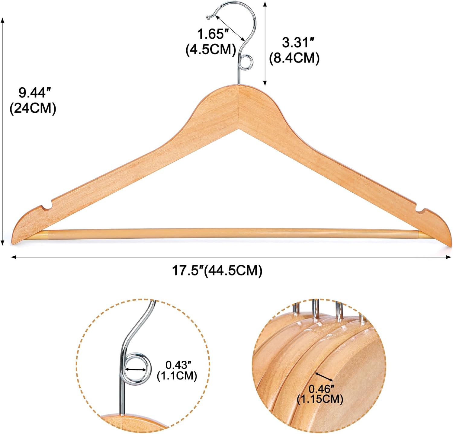 TOPIA HANGER Wooden Hangers 30 Pack, Space Saving Coat Hanger with 360° Swivel Cascading Ring Hook, Non Slip Pants Bar and Shoulder Notches for Camisole, Jacket, Suit, Clothes Hangers -CT62N30