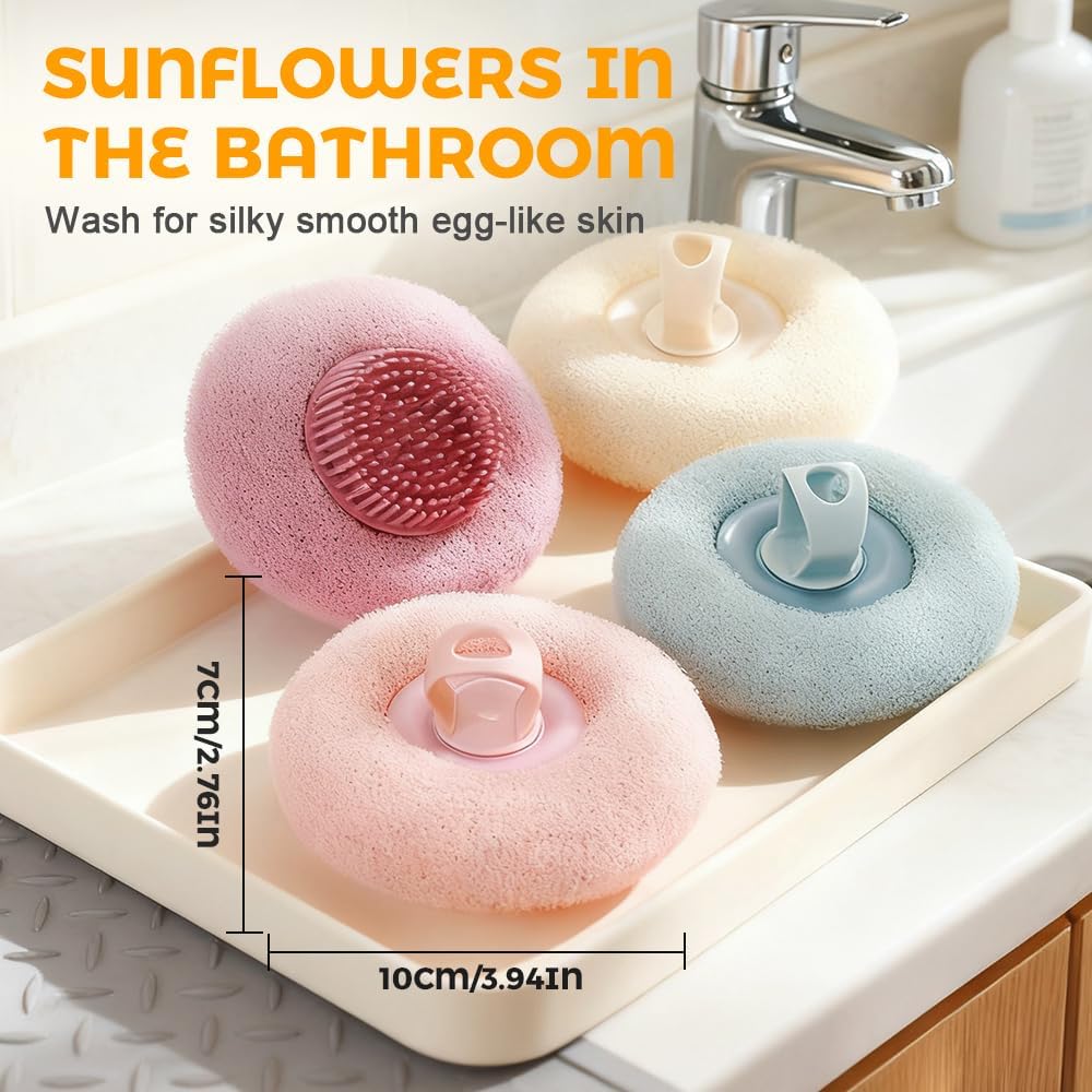 Super Soft Sunflower Suction Cup Bath Ball, 2026 New Exfoliating Bath Bath Sponge Cleaning Brush with Finger Rings for Women and Men Set, 4 pcs