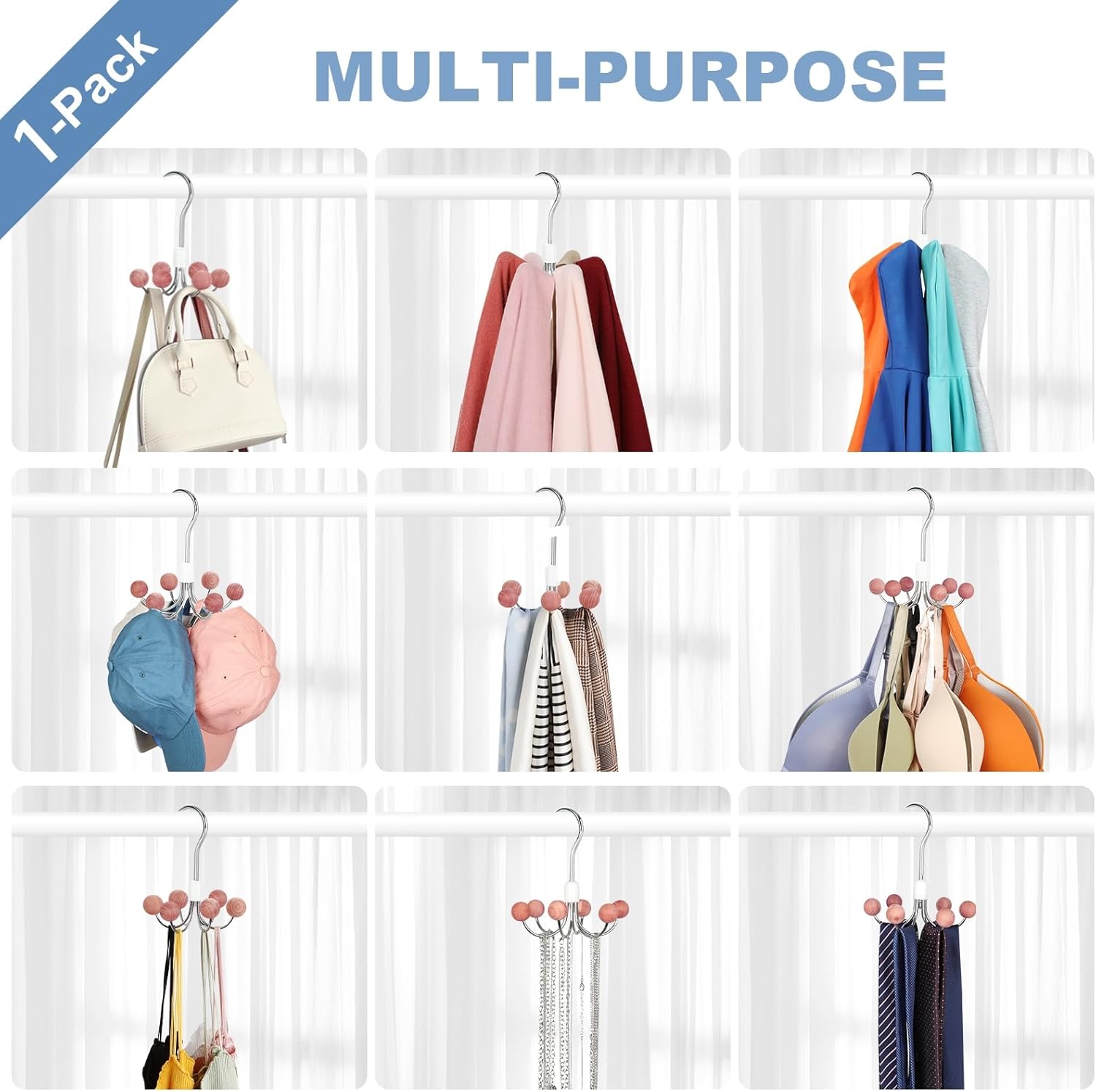 TOPIA HANGER Hoodie Hanger with 6 WOD Balls, 360°Swivel Purse Rack, Scarf Hangers, Closet Hooks, Handbag Organizer, Bra Organizer, Accessory Organizers for Scarf, Tanktop, Hat, Hoodie CT56