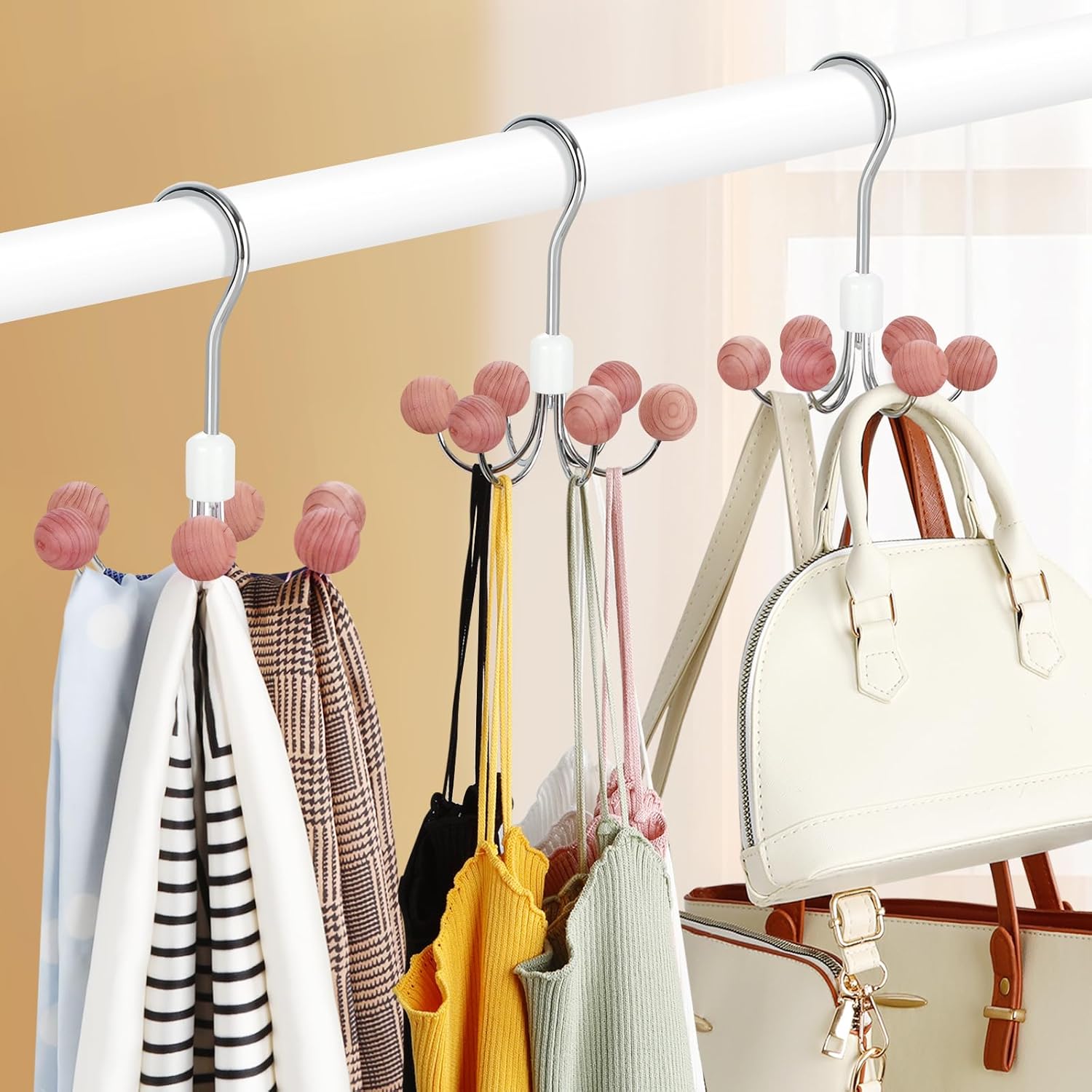 TOPIA HANGER Hoodie Hanger with 6 WOD Balls, 360°Swivel Purse Rack, Scarf Hangers, Closet Hooks, Handbag Organizer, Bra Organizer, Accessory Organizers for Scarf, Tanktop, Hat, Hoodie CT56