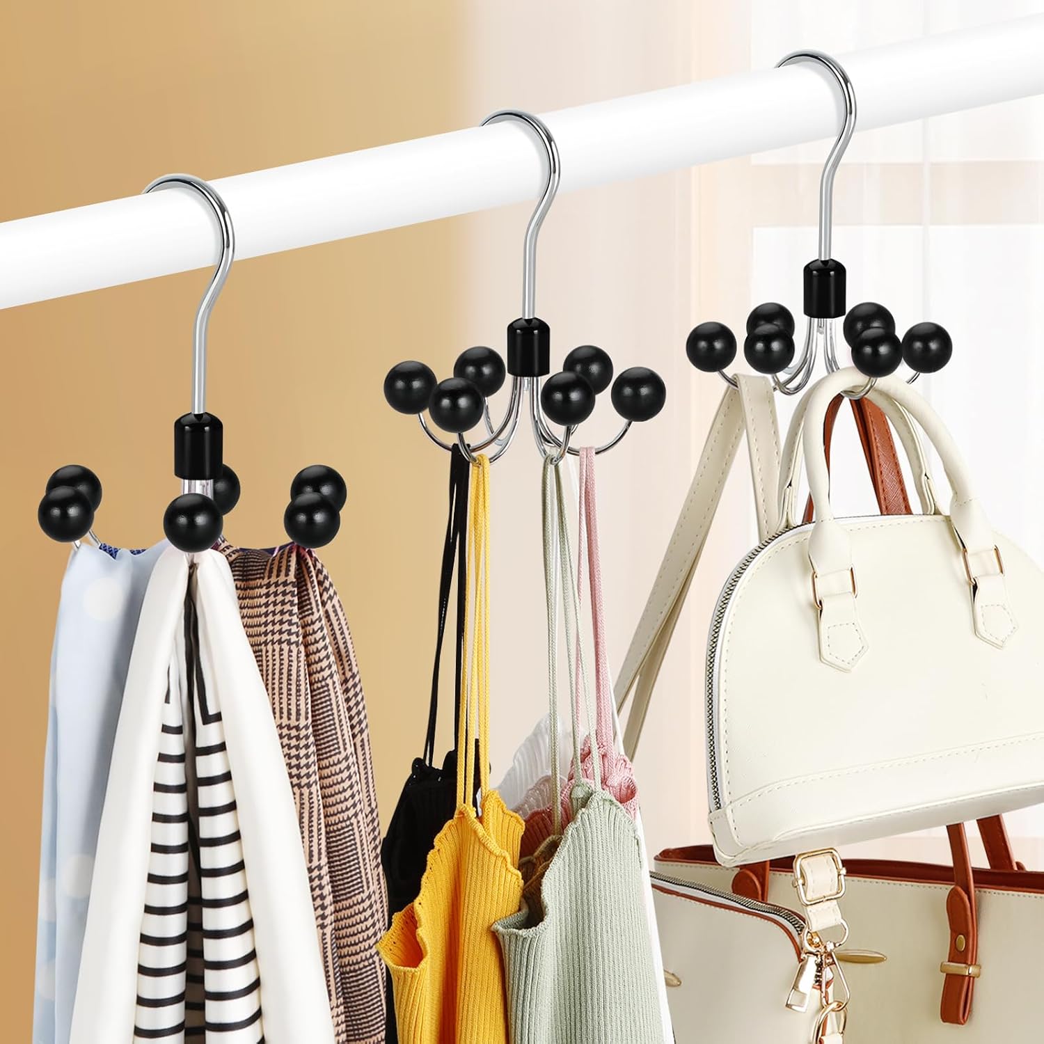 TOPIA HANGER Hoodie Hanger with 6 WOD Balls, 360°Swivel Purse Rack, Scarf Hangers, Closet Hooks, Handbag Organizer, Bra Organizer, Accessory Organizers for Scarf, Tanktop, Hat, Hoodie CT56