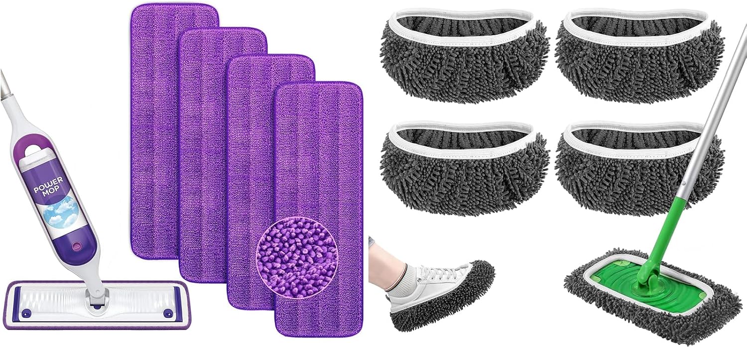 Reusable Power Mop Refills Pads Compatible with Swiffer PowerMop Mop 4 Pack & Reusable Wet Pads Refill Compatible with Swiffer Sweeper Mop 4 Pack Mop is not Included