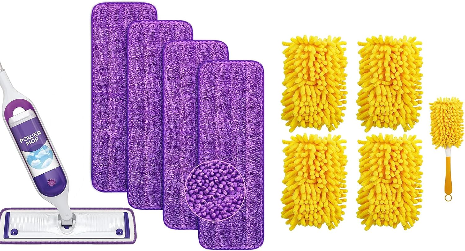 Reusable Power Mop Refills Pads Compatible with Swiffer PowerMop Mop 4 Pack & Reusable Duster Refill Compatible with Swiffer Hand Duster 4 Pack Handle is Not Included