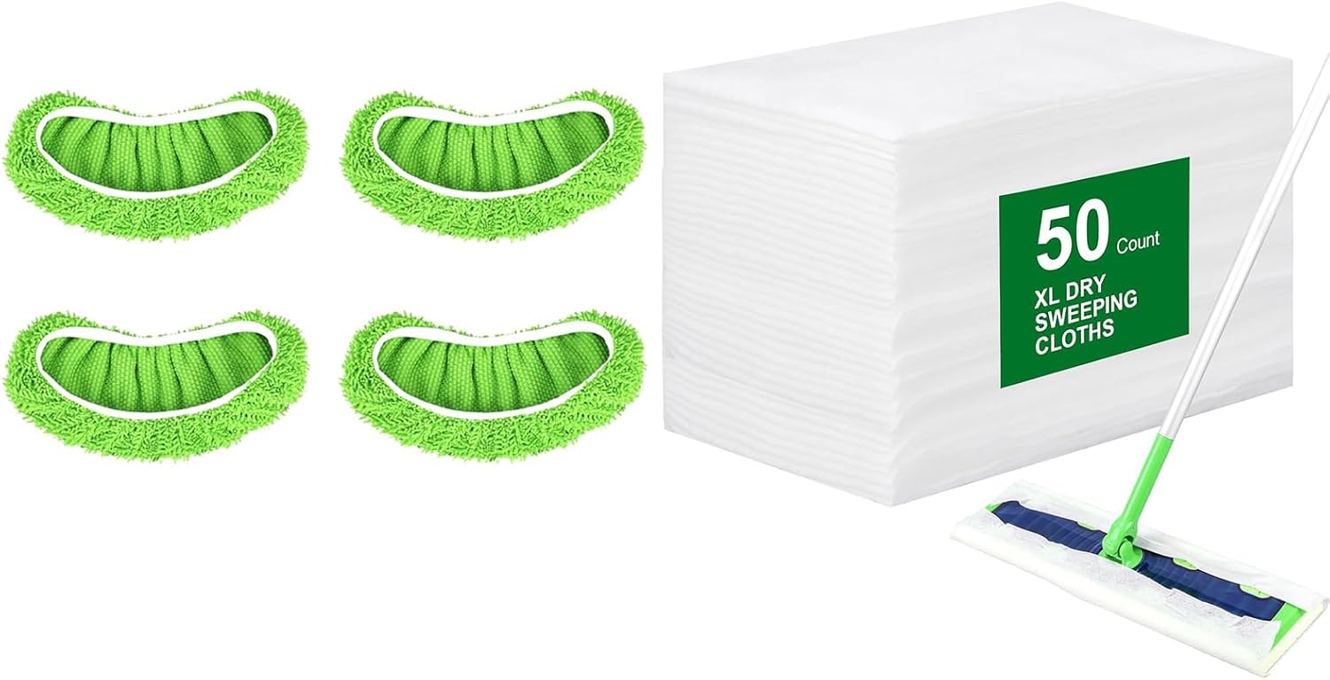 50 Count Disposable XL Dry Sweeping Cloths + 4 Pack Reusable Microfiber Mop Pads for Swiffer Sweeper XL Mop Mop is not Included