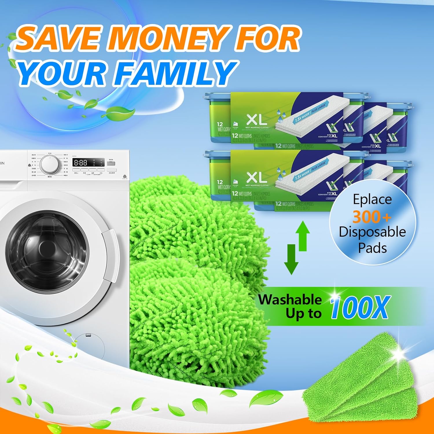 50 Count Disposable XL Dry Sweeping Cloths + 4 Pack Reusable Microfiber Mop Pads for Swiffer Sweeper XL Mop Mop is not Included
