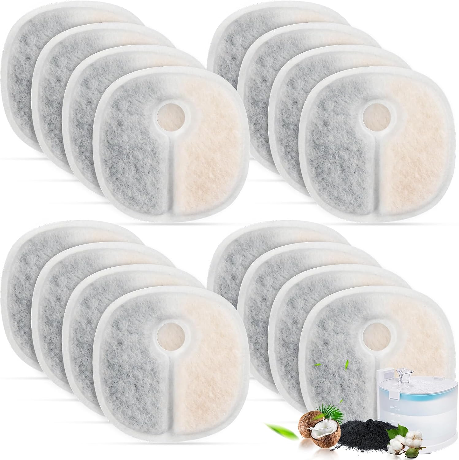 Filter Replacements Compatible with E1/E1+ Cat Fountain 2L/67oz , 16 Pack refills of 1 Year Set for Pet Water Fountain