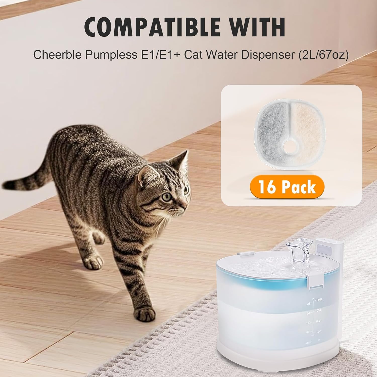 Filter Replacements Compatible with E1/E1+ Cat Fountain 2L/67oz , 16 Pack refills of 1 Year Set for Pet Water Fountain