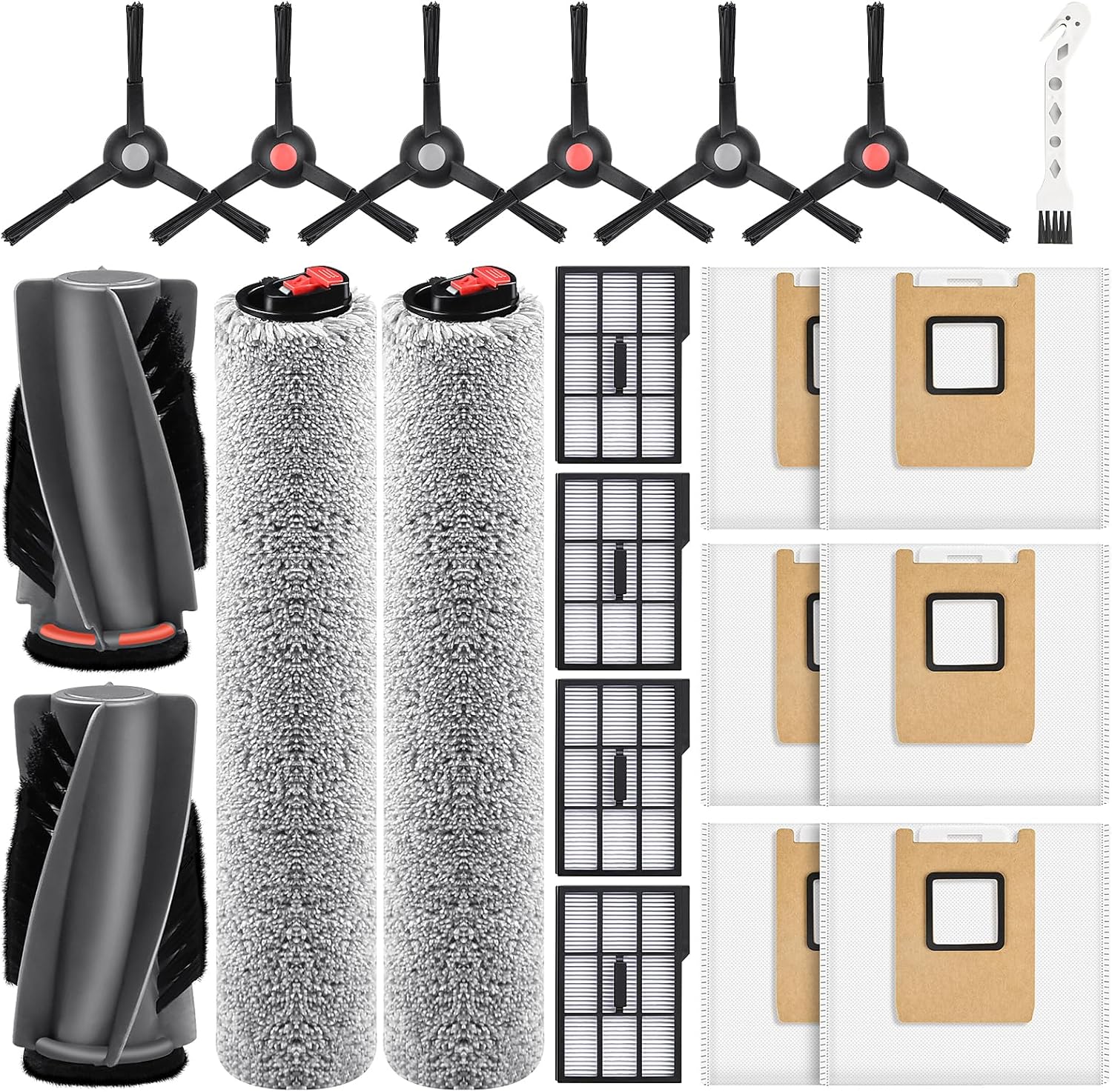 21 Pack Accessories Kit Compatible with eufy E28 Omni / E25 Omni Robot Vacuum, Replacement Parts include 1 Set 2 Main Brushes, 6 Dust Bags, 4 Filters, 2 Roller Mops, 6 Side Brushes, 1 Cleaning Tool