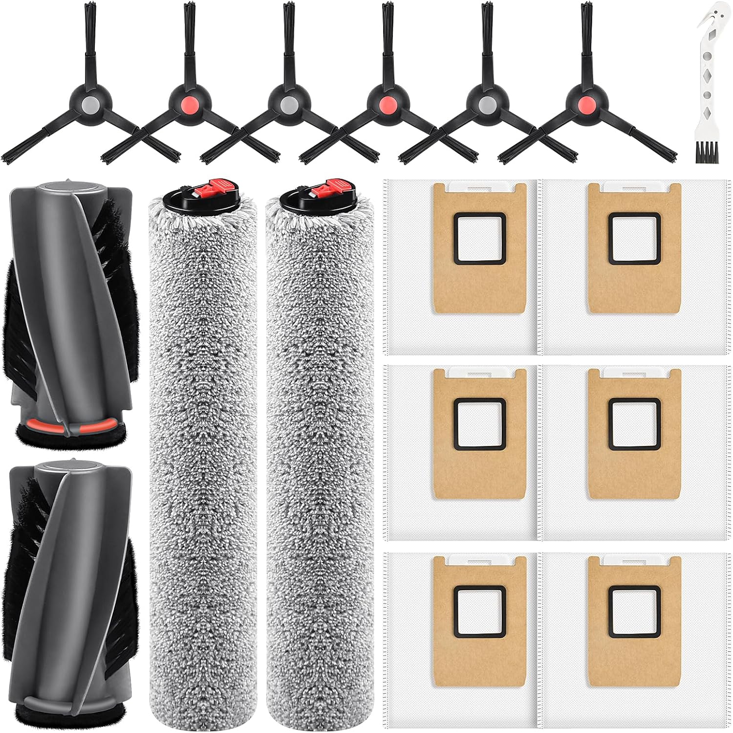 Accessories Kit Compatible with eufy E28 Omni / E25 Omni Robot Vacuum, Replacement Parts Include 1 Set 2 Main Brushes, 6 Dust Bags, 2 Roller Mops, 6 Side Brushes, 1 Cleaning Tool