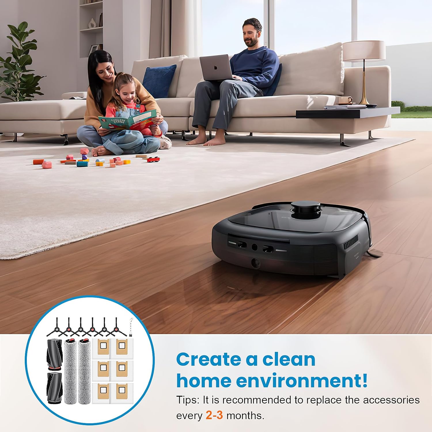 Accessories Kit Compatible with eufy E28 Omni / E25 Omni Robot Vacuum, Replacement Parts Include 1 Set 2 Main Brushes, 6 Dust Bags, 2 Roller Mops, 6 Side Brushes, 1 Cleaning Tool