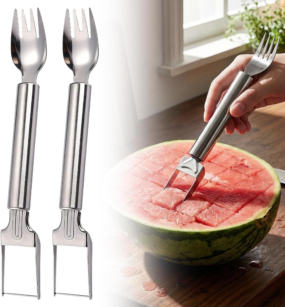 2-in-1 Stainless Steel Fruit Cutter, Upgraded Watermelon Slicer Tool, Portable Fruit Forks for Home, Kitchen and Camping 2 Pcs