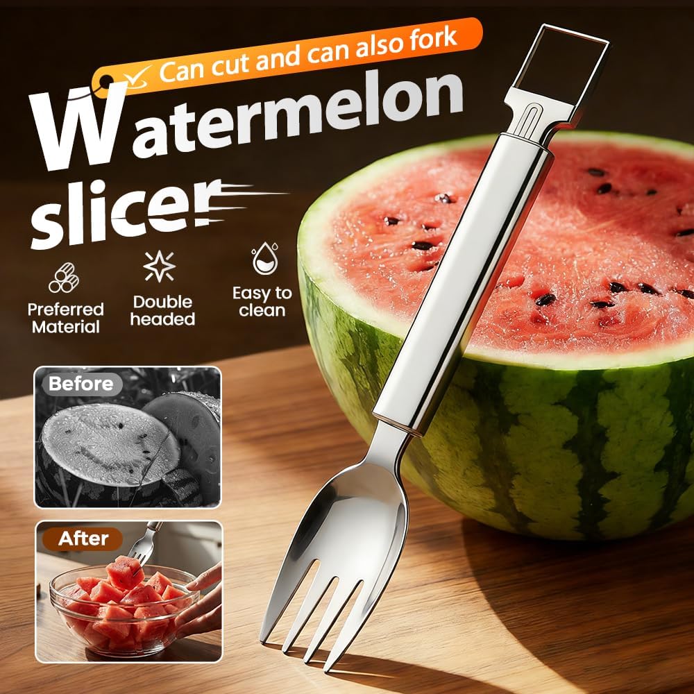 2-in-1 Stainless Steel Fruit Cutter, Upgraded Watermelon Slicer Tool, Portable Fruit Forks for Home, Kitchen and Camping 2 Pcs