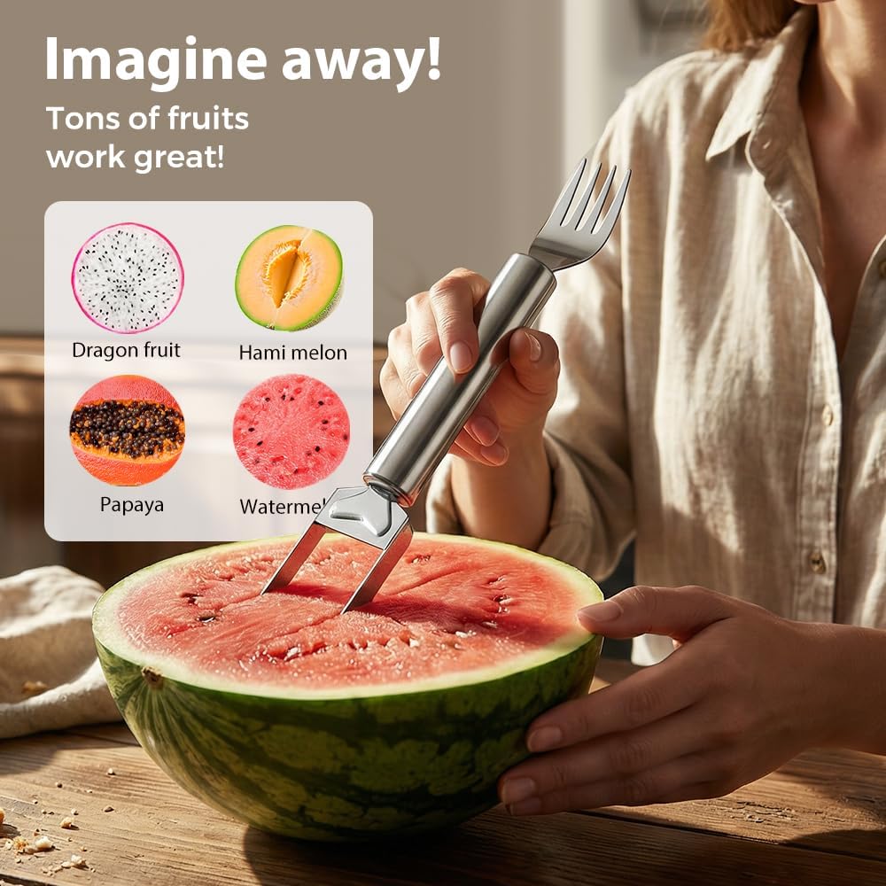 2-in-1 Stainless Steel Fruit Cutter, Upgraded Watermelon Slicer Tool, Portable Fruit Forks for Home, Kitchen and Camping 2 Pcs