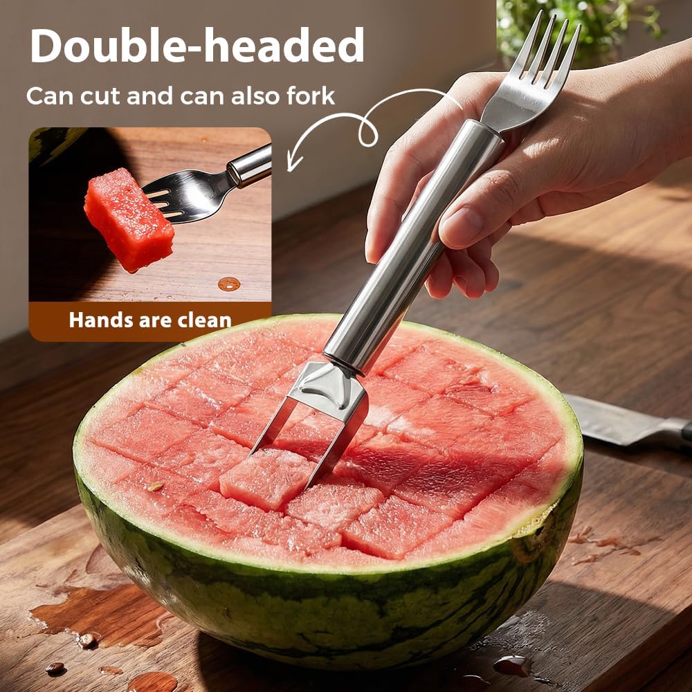 2-in-1 Stainless Steel Fruit Cutter, Upgraded Watermelon Slicer Tool, Portable Fruit Forks for Home, Kitchen and Camping 2 Pcs