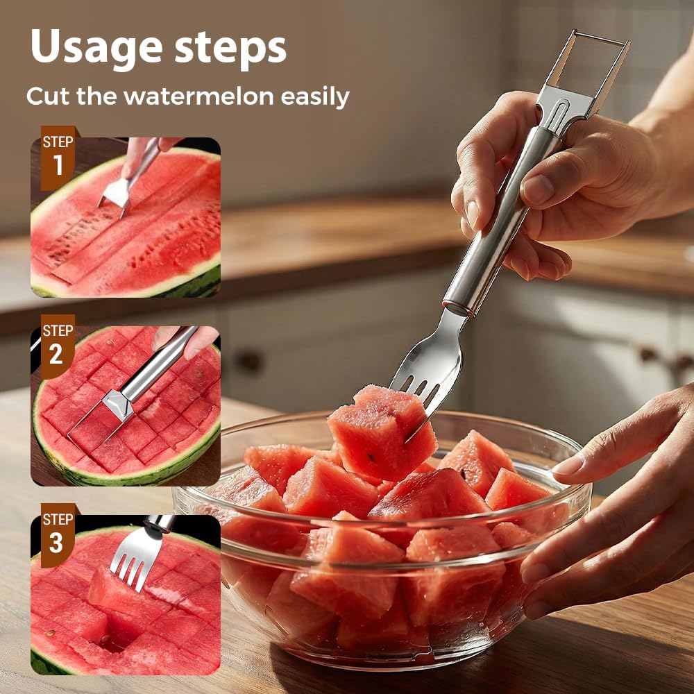 2-in-1 Stainless Steel Fruit Cutter, Upgraded Watermelon Slicer Tool, Portable Fruit Forks for Home, Kitchen and Camping 2 Pcs