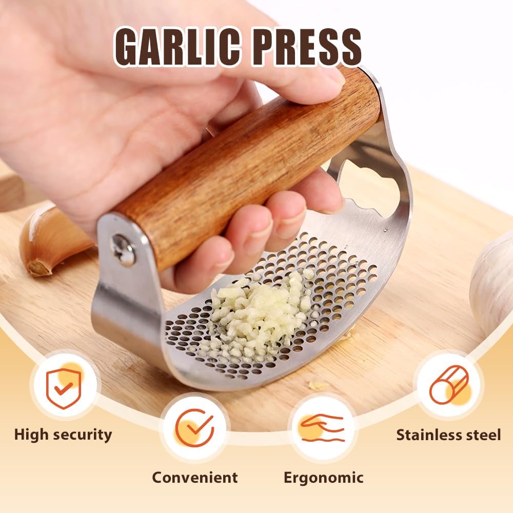 Stainless Steel Garlic Presser, Upgraded Garlic Press Rocker with Peeler and Cleaning Brush, Ergonomic Handle for Cooking Enthusiasts 1 pcs