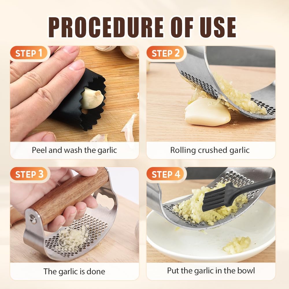 Stainless Steel Garlic Presser, Upgraded Garlic Press Rocker with Peeler and Cleaning Brush, Ergonomic Handle for Cooking Enthusiasts 1 pcs