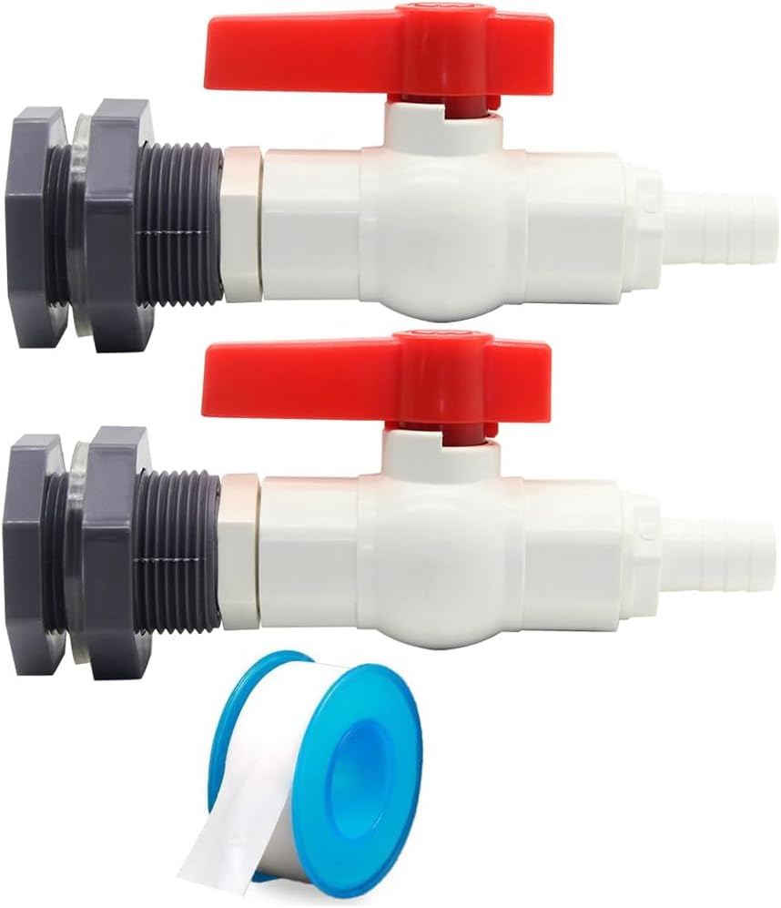 Rain Barrel Spigot PVC Bulkhead Fitting with Ball Valve and 5/8" 16mm Hose Barb Fitting for Rain Barrel Water Tanks Aquariums Tubs Pools Garden For 16mm ID Hose , Set of 2