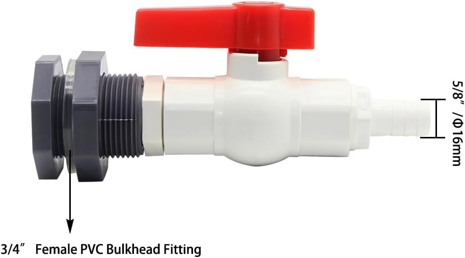 Rain Barrel Spigot PVC Bulkhead Fitting with Ball Valve and 5/8" 16mm Hose Barb Fitting for Rain Barrel Water Tanks Aquariums Tubs Pools Garden For 16mm ID Hose , Set of 2