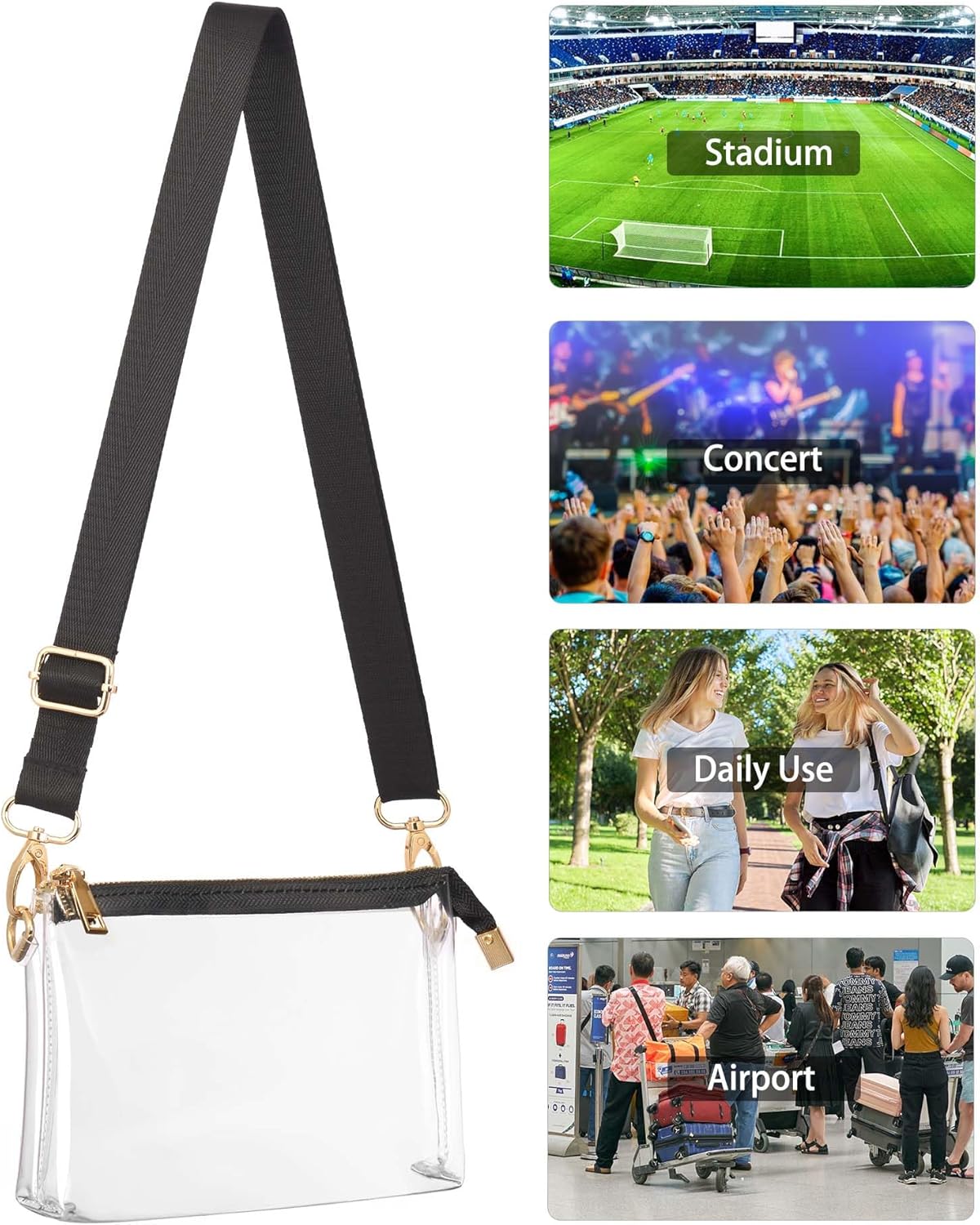 Clear Purse for Women - Stadium Approved + Clear Bag for Events with Zipper, Crossbody Bag for Concerts