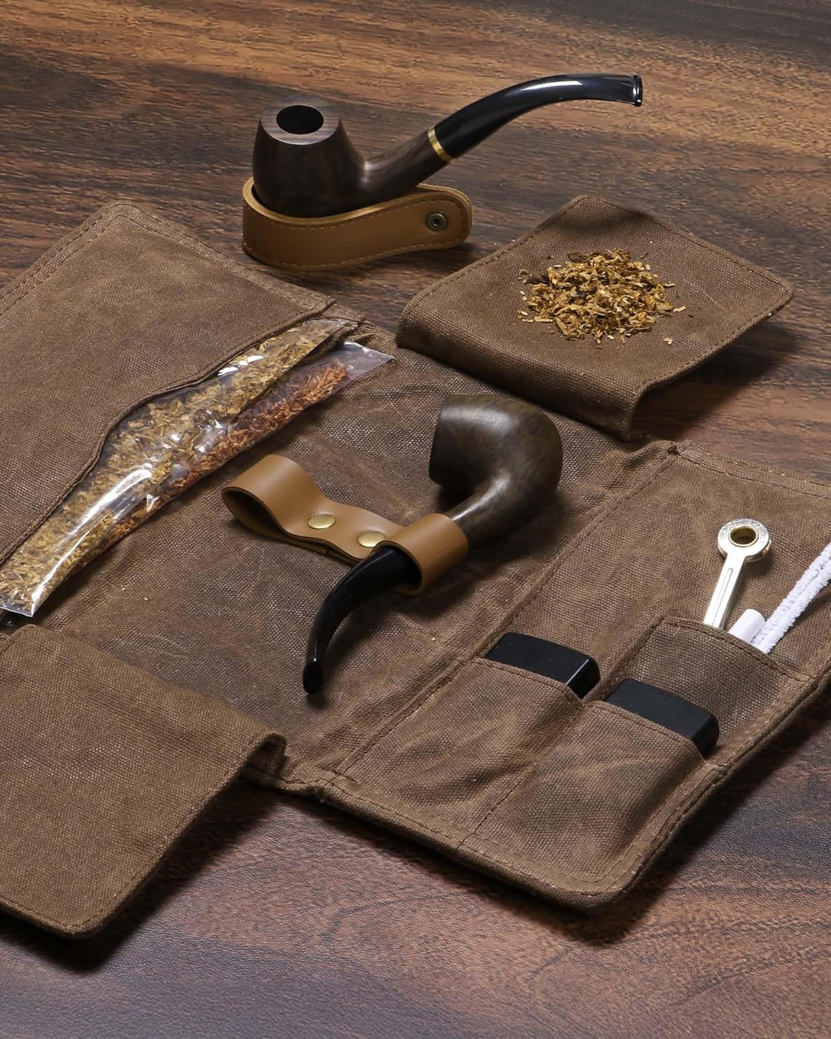 Waxed Canvas Tobacco Pouch for 2 Pipes, Smoking Tobacco Pipe Pouch with Foldable Stand, Smoking Case Bag Accessories Storage Organizer for Travel, Daily e & Gift Pipes Not Included