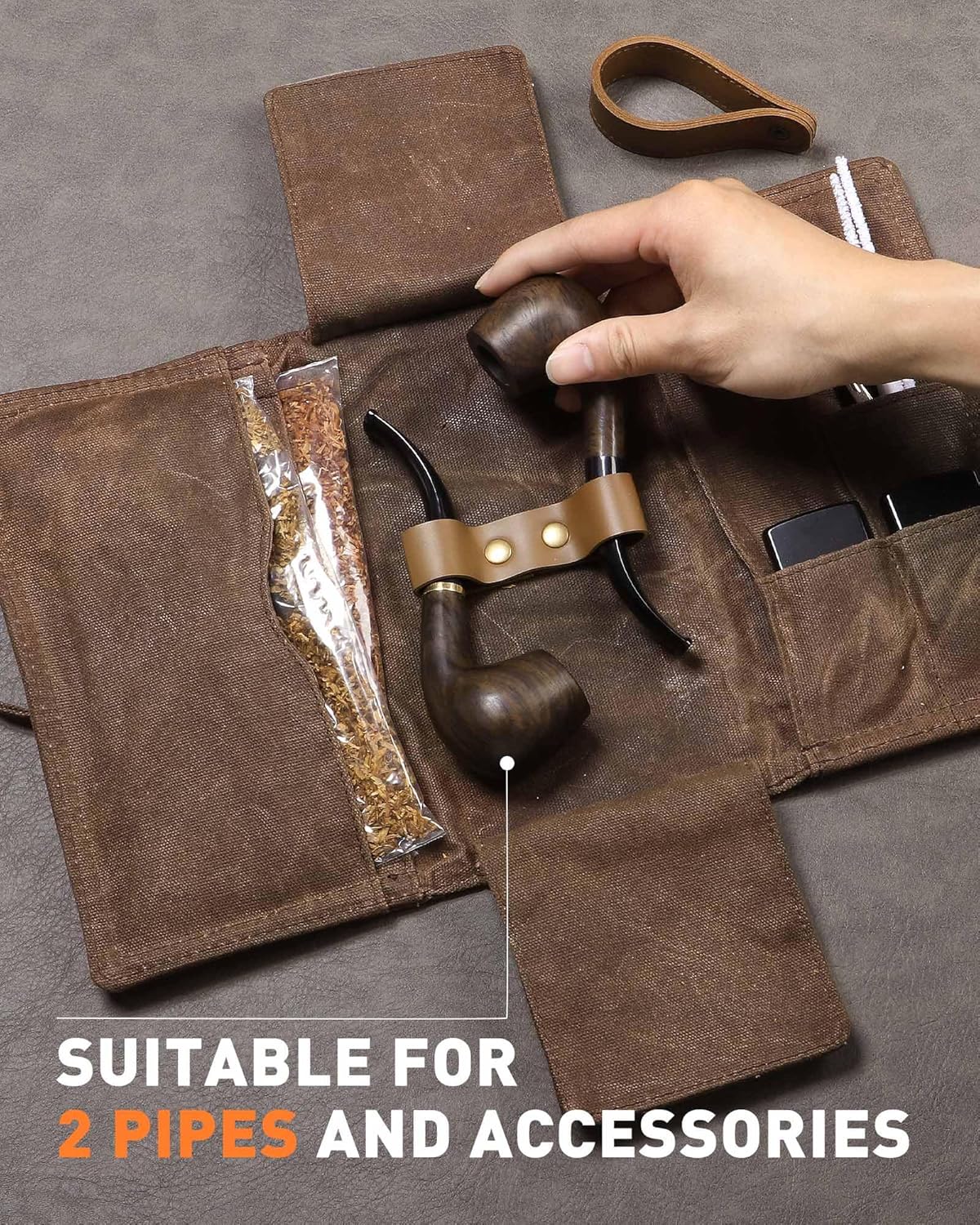 Waxed Canvas Tobacco Pouch for 2 Pipes, Smoking Tobacco Pipe Pouch with Foldable Stand, Smoking Case Bag Accessories Storage Organizer for Travel, Daily e & Gift Pipes Not Included