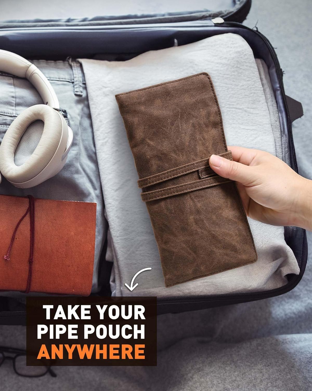 Waxed Canvas Tobacco Pouch for 2 Pipes, Smoking Tobacco Pipe Pouch with Foldable Stand, Smoking Case Bag Accessories Storage Organizer for Travel, Daily e & Gift Pipes Not Included