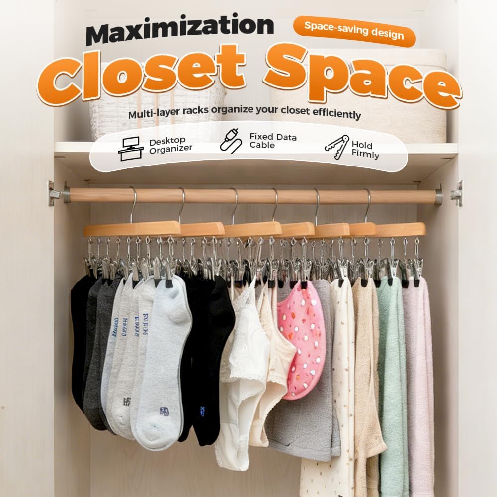 2 Pack Legging Hanger for Closet, with 10 Non Slip Clips Each, Wooden Clothes Hanger for Home Use, Space Saving Hanger for Family Wood