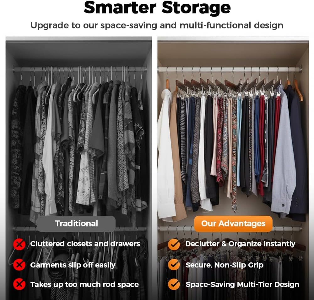 2 Pack Legging Hanger for Closet, with 10 Non Slip Clips Each, Wooden Clothes Hanger for Home Use, Space Saving Hanger for Family Wood