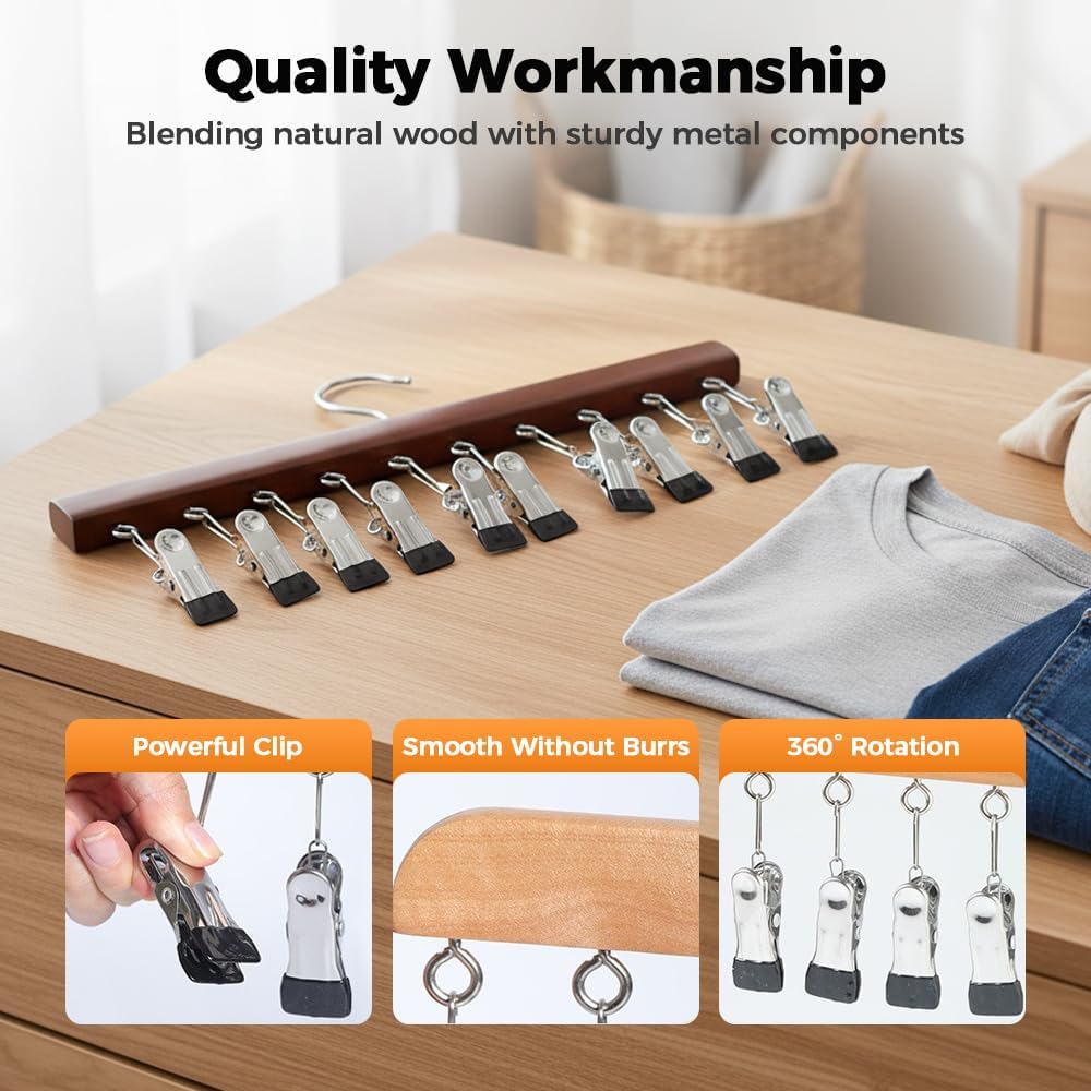 2 Pack Legging Hanger for Closet, with 10 Non Slip Clips Each, Wooden Clothes Hanger for Home Use, Space Saving Hanger for Family Wood