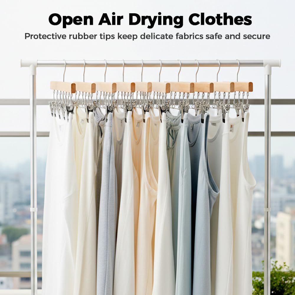 2 Pack Legging Hanger for Closet, with 10 Non Slip Clips Each, Wooden Clothes Hanger for Home Use, Space Saving Hanger for Family Wood