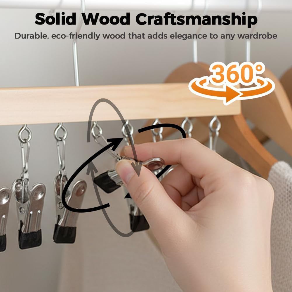 2 Pack Legging Hanger for Closet, with 10 Non Slip Clips Each, Wooden Clothes Hanger for Home Use, Space Saving Hanger for Family Wood