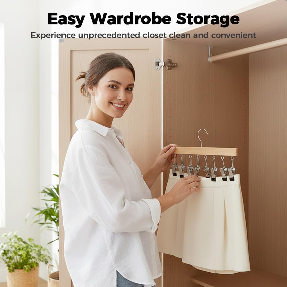 2 Pack Legging Hanger for Closet, with 10 Non Slip Clips Each, Wooden Clothes Hanger for Home Use, Space Saving Hanger for Family Wood