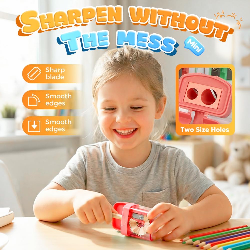 4 Pcs Pencil Sharpeners with Lid, Dual Holes Handheld Pencil Sharpener, Compatible with Standard and Jumbo Pencils, Compact Cute Sharpener for School, Home and Office Set