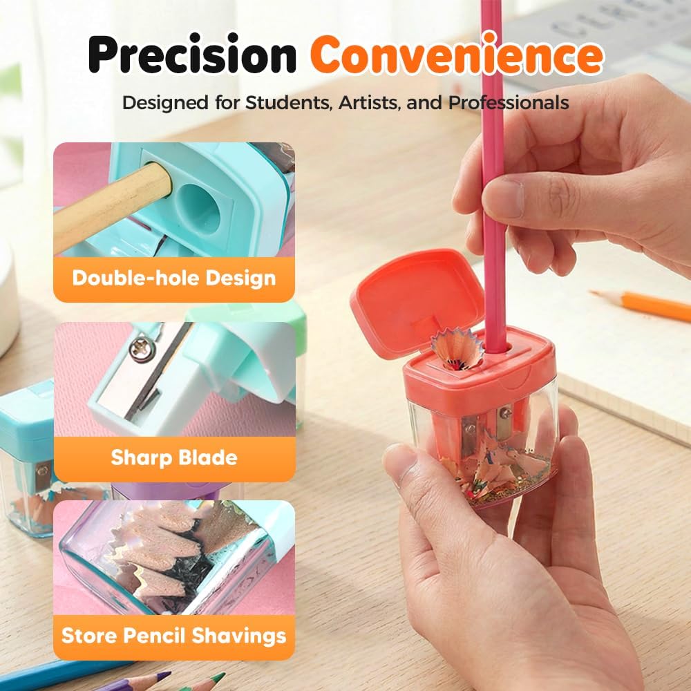 4 Pcs Pencil Sharpeners with Lid, Dual Holes Handheld Pencil Sharpener, Compatible with Standard and Jumbo Pencils, Compact Cute Sharpener for School, Home and Office Set
