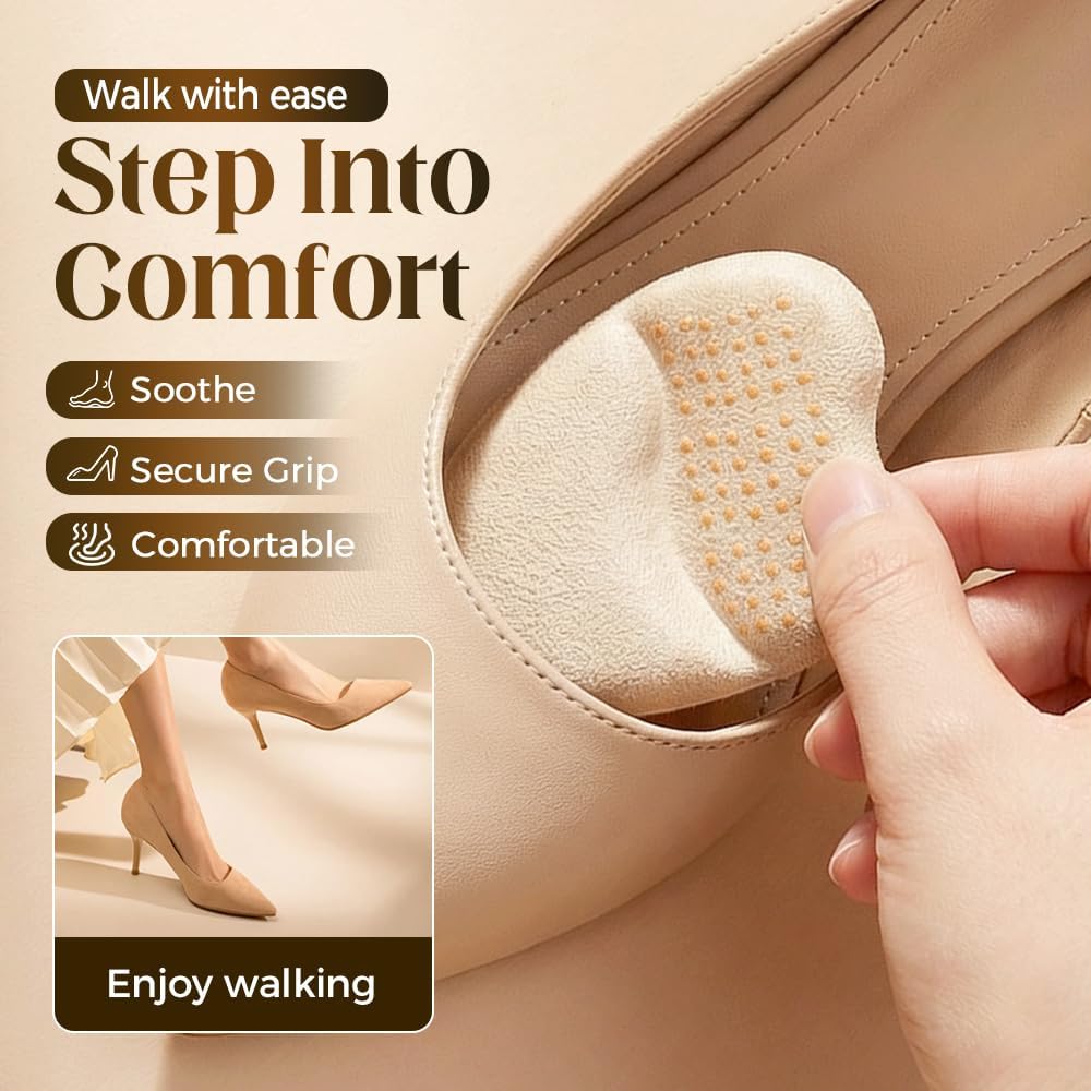 Metatarsal Pads for Women, 2026 Upgraded Ball of Foot Chions, Shoe Inserts with Non-Slip Design, One Size Fits All Breathable Comfort Insoles for High Heels, Sneakers, Sandals Khaki, 3 Pairs