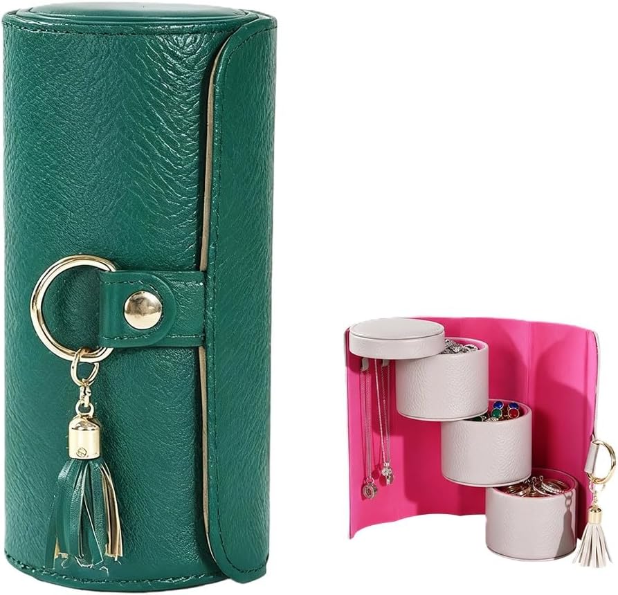 Travel Jewelry Case, 3-Layer Rotating Jewelry Organizer with Secure Snaps, Portable PU Leather Jewelry Storage Box for Necklaces Earrings Rings, Gift-Ready Design for Daily e & Travel Dark Green