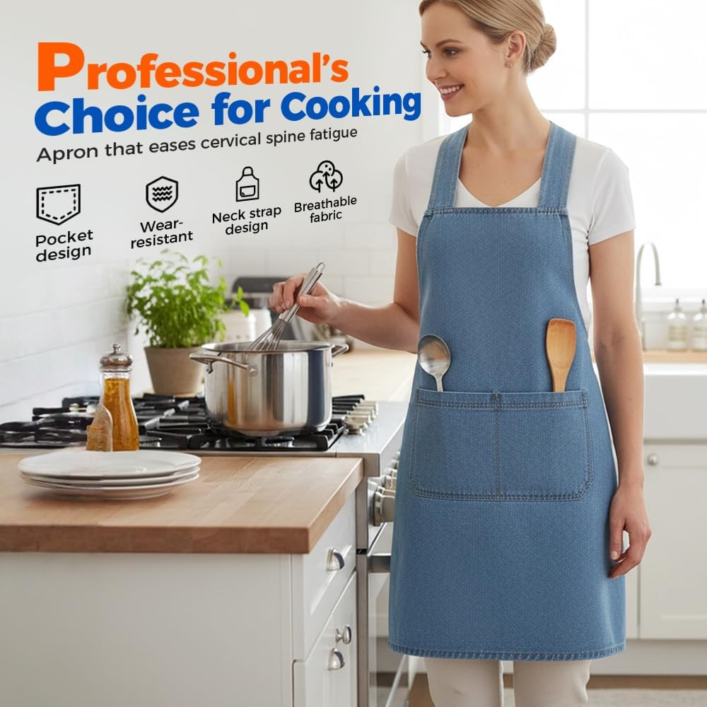 Lightweight Cotton Denim Apron with Front Pocket, Adjtable Bib Apron for Men Women Chef Apron, Kitchen Apron
