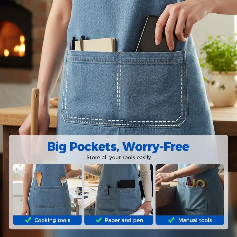 Lightweight Cotton Denim Apron with Front Pocket, Adjtable Bib Apron for Men Women Chef Apron, Kitchen Apron