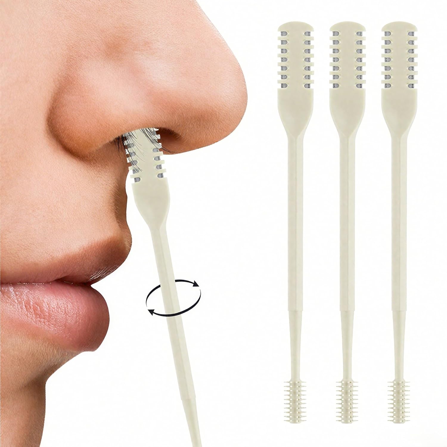 Nasal Hair Cutter, 2025 Double-Sided Nose Hairs Removal, Manual 360° Rotating Nostril Hair Removal Tool, Manual Nose Hairs Cutter, Nasal Hair Trimmer with Ear Picker for Women Men Beige, 3PCS