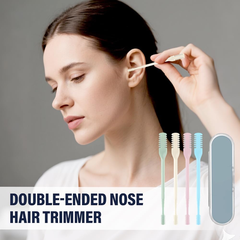 Nasal Hair Cutter, 2025 Double-Sided Nose Hairs Removal, Manual 360° Rotating Nostril Hair Removal Tool, Manual Nose Hairs Cutter, Nasal Hair Trimmer with Ear Picker for Women Men Beige, 3PCS