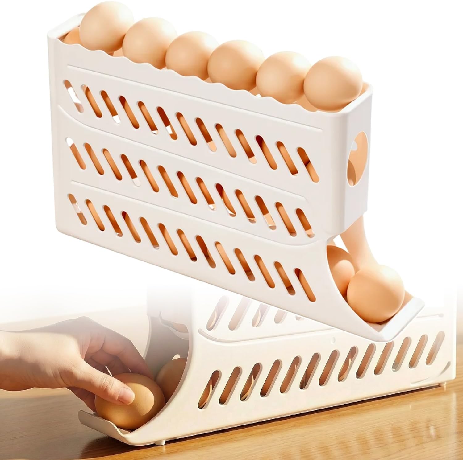 2026 Egg Holder for Fridge, Upgraded 4 Tiers Automatic Rolling Egg Dispenser, No Assembly Required Easy Access, Save Space for Refrigerator Holds up to 30 pcs White