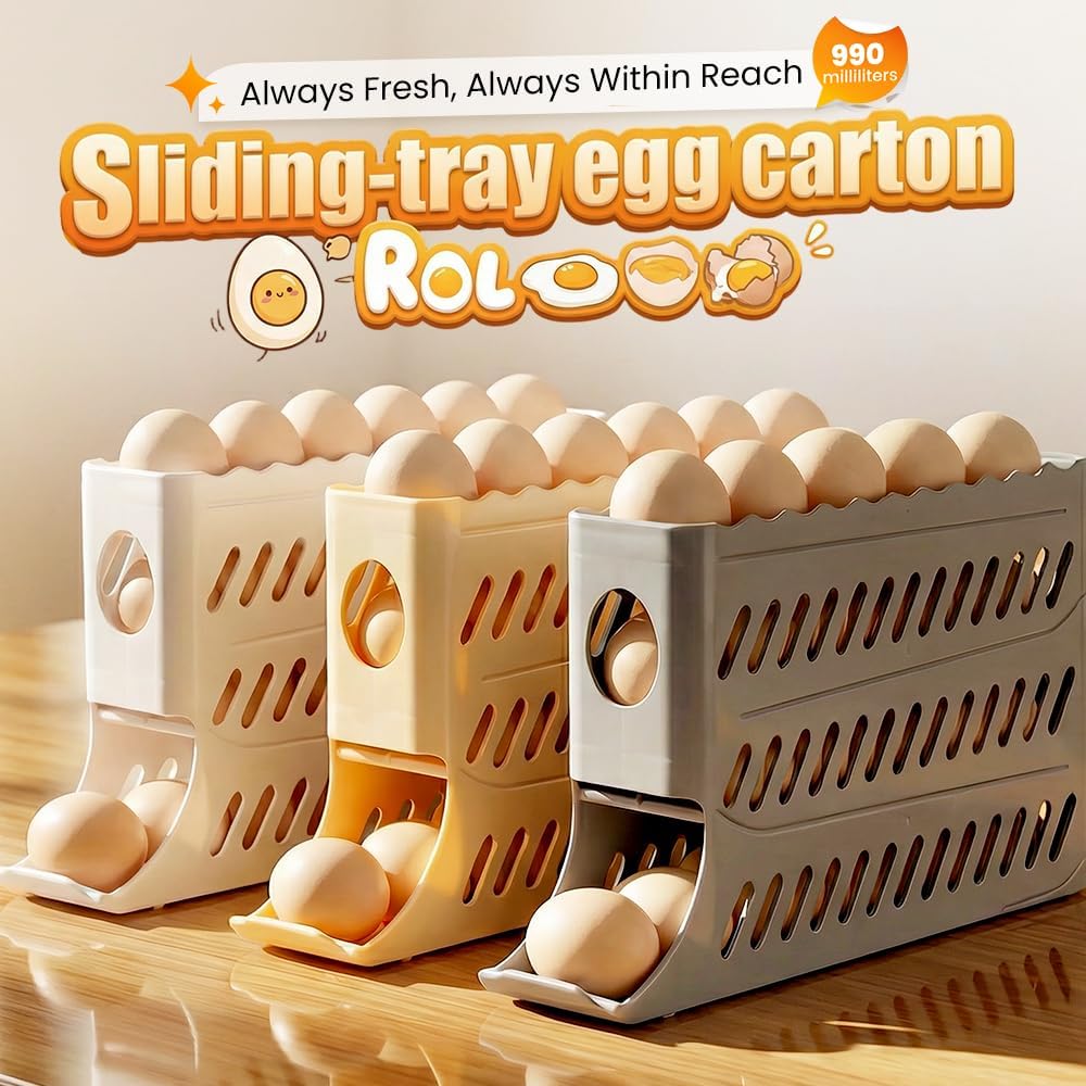 2026 Egg Holder for Fridge, Upgraded 4 Tiers Automatic Rolling Egg Dispenser, No Assembly Required Easy Access, Save Space for Refrigerator Holds up to 30 pcs White
