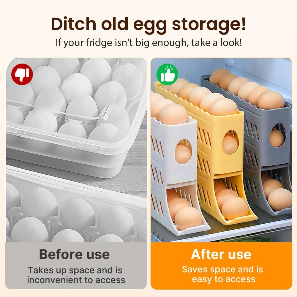 2026 Egg Holder for Fridge, Upgraded 4 Tiers Automatic Rolling Egg Dispenser, No Assembly Required Easy Access, Save Space for Refrigerator Holds up to 30 pcs White